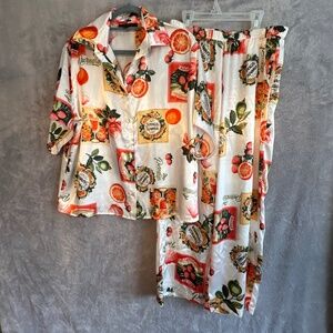 Midnight Bakery Fruit Print 2pc Pajama Set M Satin Pants Loungewear Tropical